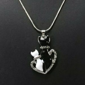 NEW Black and White Cats Necklace With Rhinestones